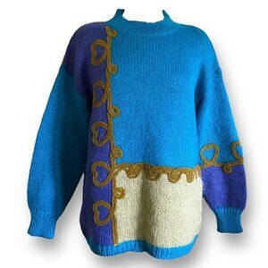Vintage 90s Express Tricot Womens Sweater XS Oversized Blue Mohair Colorblock
